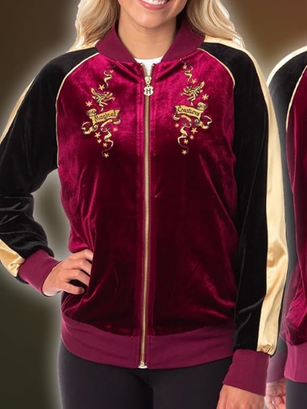 Magical Creatures Burgundy, Black & Gold Velvet Bomber Jacket